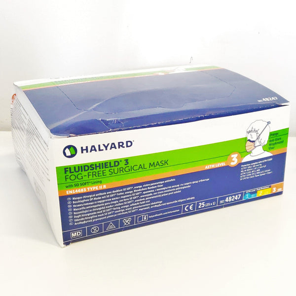 Halyard FLUIDSHIELD ASTM Level 3 Fog-Free Surgical Mask with Ties - 99% filtration - Box of 25 masks - FREE SHIPPING